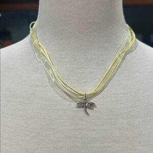 Chic Silver Dragonfly Necklace with Yellow Ribbon